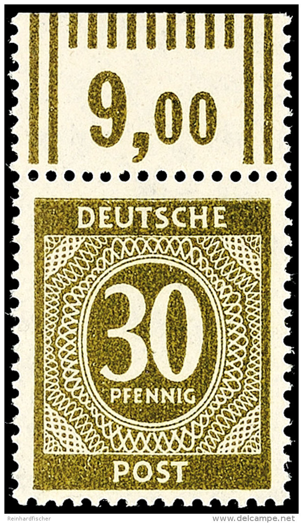 30 Pfennig Ziffernausgabe, Dunkelgrauoliv, Walzendruck, Oberrandst&uuml;ck, Oberrand Durchgez&auml;hnt, Tadellos... - Other & Unclassified