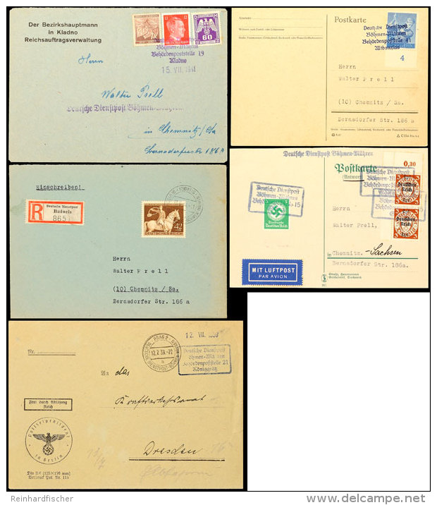 Deutsche Dienstpost B&ouml;hmen Und M&auml;hren, 5 Briefe 1939 Bis 1943, Dabei Mischfrankatur Frei-/Dienstmarken,... - Other & Unclassified