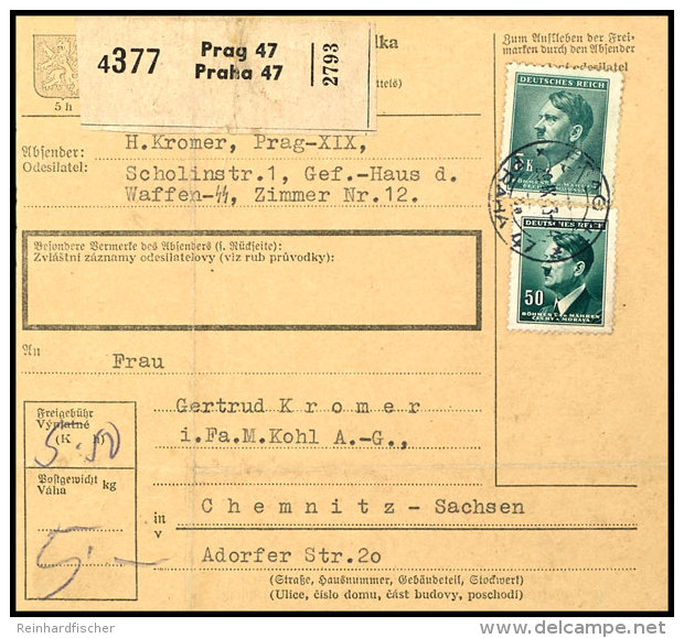 Absenderangabe "Prag-XIX, Scholinstr. 1, Gef.-Haus D. Waffen-SS, Zimmer Nr. 12" Auf Paketkarte Mit 5,50 K Mit... - Other & Unclassified