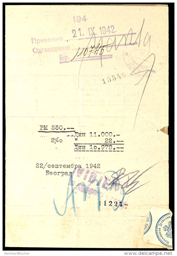 Telegramm Mit Stpl. GLAVNI TELEGRAF BEOGRAD Vom 20.9.42 An Die Serbische Nationalbank In Belgrad &uuml;ber... - Other & Unclassified