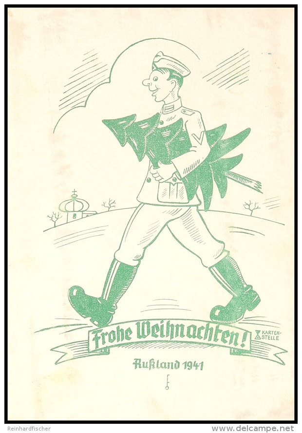 1941, Karte "Frohe Weihnachten Russland 1941" Mit Gr&uuml;nem Text Und Abb. "Soldat Mit Kleinem Weihnachtsbaum",... - Other & Unclassified