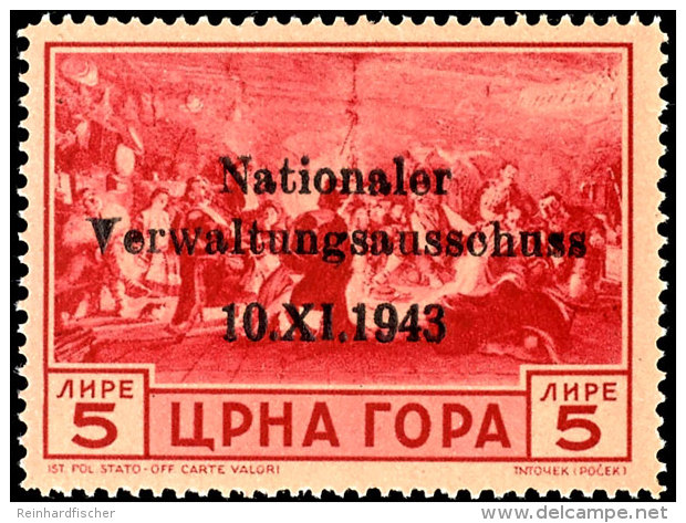 0,25 Lire Bis 5 Lire Verwaltungsausschuss, 5 Lire Von &Uuml;berdruckfeld 1, Mi.-Nr. 15 Mit Aufdruckfehler I,... - German Occ.: Montenegro