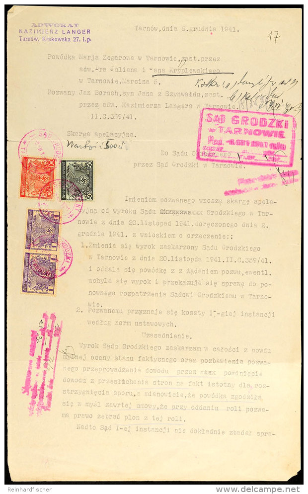 1941, 10 Gr., 50 Gr. Und Waagerechtes Paar 1 Zl. Gerichtskostenmarken Mit Rotem Stempel Auf Komplettem Dokument Aus... - Sonstige & Ohne Zuordnung