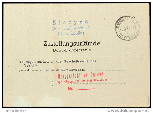 1943, Zustellungsurkunde Aus Distrikt Lublin, Form-Nr. DPD 435 (10.41) Mit Allen Stempeln Und Unterschriften,... - Sonstige & Ohne Zuordnung