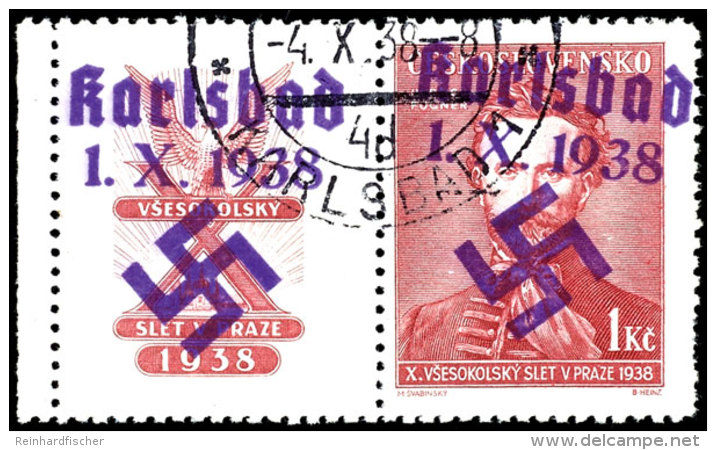 1 Kc. "F&uuml;gner" Mit &Uuml;berdruck "Karlsbad 1.X.1938 + Hakenkreuz" Mit Links Anh&auml;ngendem Und Ebenso... - Sonstige & Ohne Zuordnung