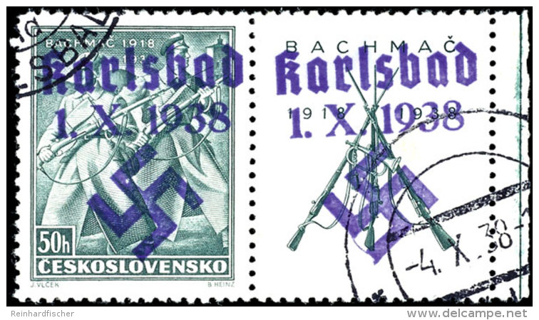 50 H. Bachmatsch Mit Handstempel&uuml;berdruck "Karlsbad 1.X.1938 + Hakenkreuz" Und Ebenso &uuml;berdrucktem Rechts... - Sonstige & Ohne Zuordnung