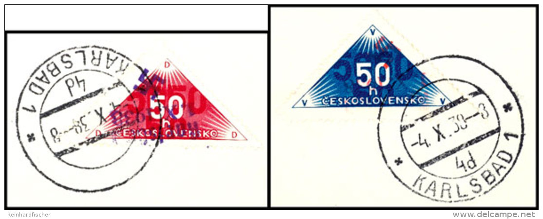 50 H. Blau Und Rot. Dreiecksmarke Jeweils Mit Aufdruck "Karlsbad 1.X.1938 + Hakenkreuz", Tadellos Gestempelt Auf... - Other & Unclassified