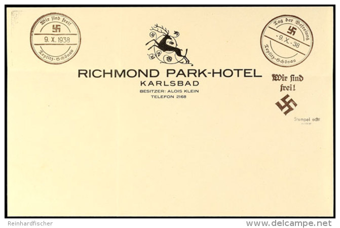 1938, Briefpapier Des Richmond Park-Hotels In Karlsbad Mit Privatem Handstempel-Aufdruck "Wir Sind Frei! +... - Sonstige & Ohne Zuordnung