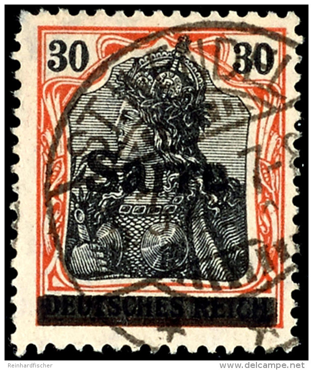 30 Pfg Germania Auf Orangewei&szlig;em Papier Mit Aufdruck "Sarre" In Type I, Aufdruckfehler KII, Gestempelt "St.... - Other & Unclassified