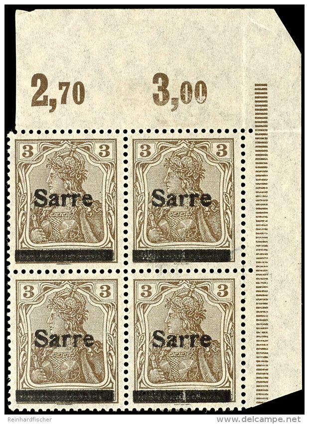 3 Pfg Germania Mit Aufdruck "Sarre" In Type II, Viererblock Vom Eckrand Oben Rechts (Feld 9/10 Und 19/20),... - Autres & Non Classés
