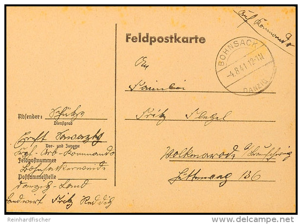 Bohnsack Danzig 1941, Aptierter Stempel (ohne "Freie Stadt") 4.8.41 Auf Feldpostkarte Hs. Abs. "Kgf.-Arbeits-Kdo.... - Sonstige & Ohne Zuordnung