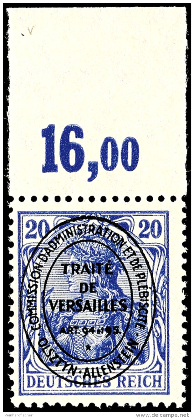 20 Pf. Germania, Ovalaufdruck, Lilaultramarin, Plattendruck, Oberrandst&uuml;ck, Postfrisch, Gepr. Wezranovski PZF... - Other & Unclassified