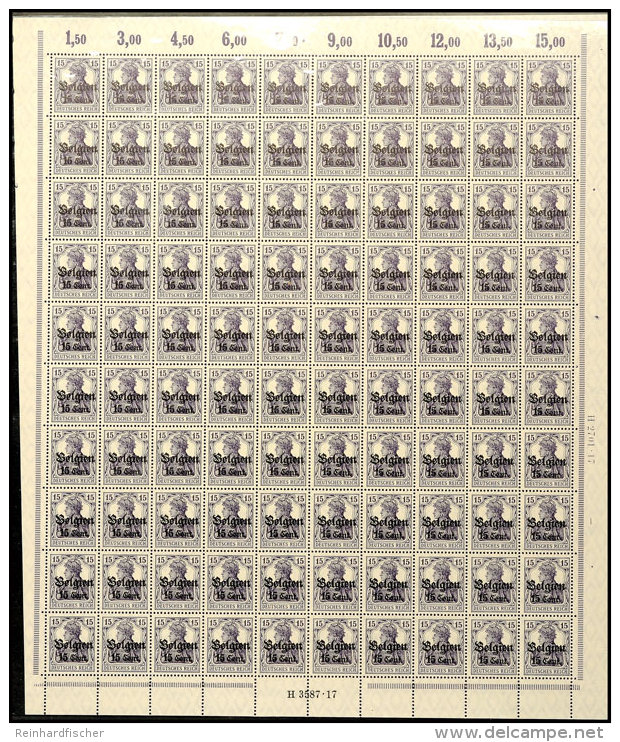 15 Cent Auf 15 Pfg Germania, Type BII, Kpl. Postfrischer Bogen Zu 100 Marken, Ur-HAM 2701.17 Und  Aufdruck-HAN... - Other & Unclassified