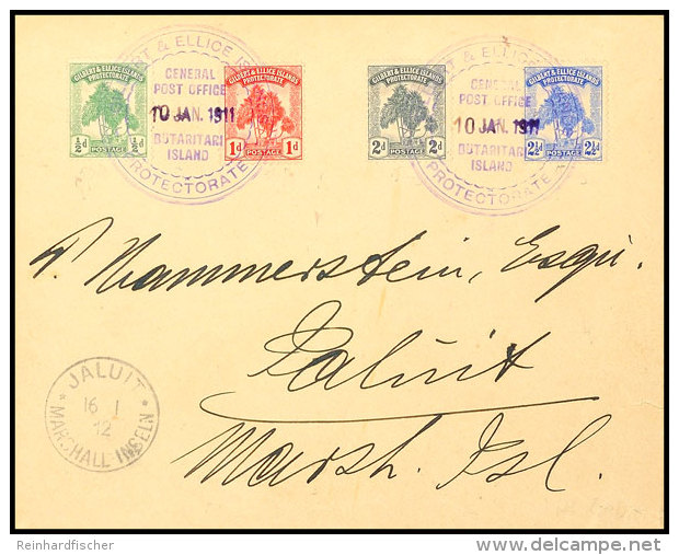 Incoming Mail:, 1912, Gilbert &amp; Ellice-Inseln Freimarken 1/2 P. Bis 2 1/2 P. Mit Violettem DKr. "GENERAL POST... - Marshall-Inseln