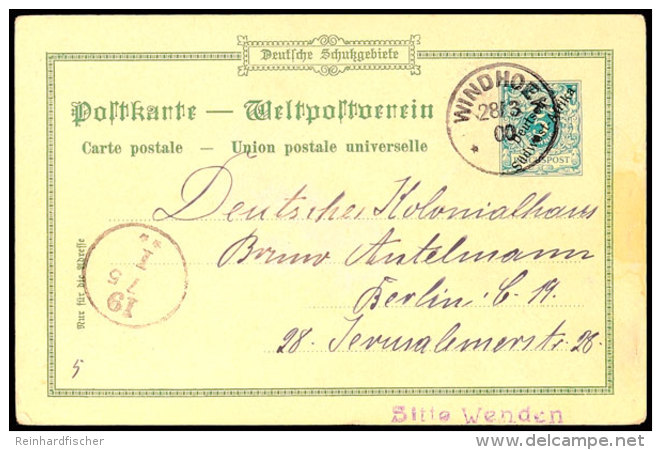 5 Pf. Krone/Adler, Farbige Privatpostkarte Kommissariat Windhoek, Von WINDHOEK 28/3 00 Nach Berlin, Katalog: PP1... - German South West Africa