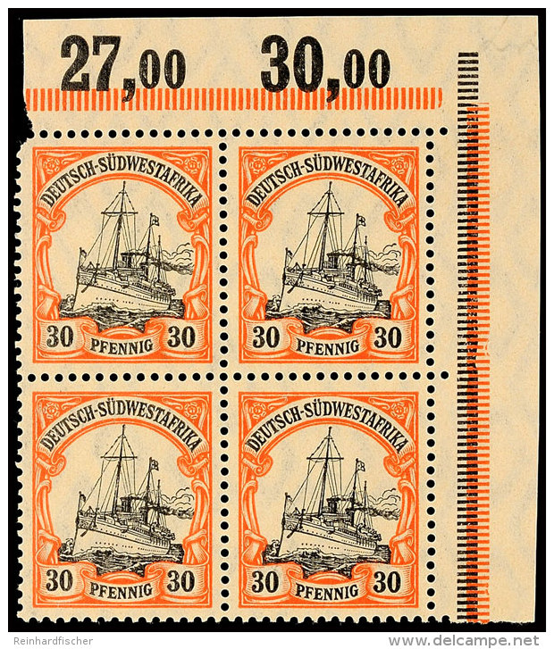 30 Pfg Kaiseryacht Mit Wasserzeichen Auf X-Papier, Rechter Oberer Eckrand-4er-Block Tadellos Postfrisch (Seitenrand... - German South West Africa