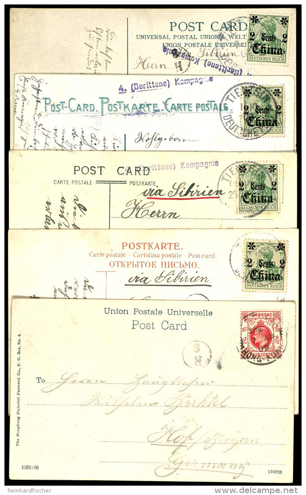 2 Ct. Auf 5 Pfg., Partie Von 5 Farbigen AK Aus Einer Korrespondenz Aus 1909 Von Tientsin Nach Hof I. Bayern, 3... - China (offices)