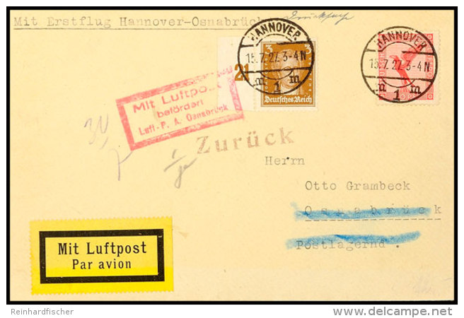 Erstflug Hannover - Osnabr&uuml;ck Vom 15.7.1927, LP-Brief Mit Rotem Mlb.-stpl. Osnabr&uuml;ck Und Br&auml;unl.... - Sonstige & Ohne Zuordnung