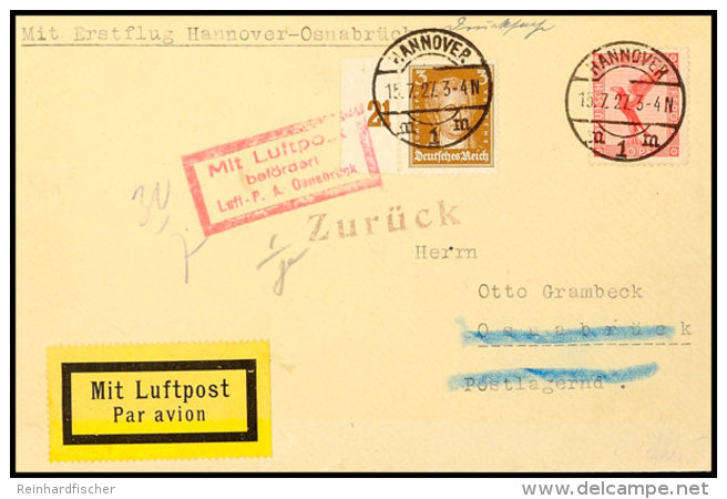 Erstflug Hannover - Osnabr&uuml;ck Vom 15.7.1927, LP-Brief Mit Rotem Mlb.-stpl. Osnabr&uuml;ck Und Br&auml;unl.... - Other & Unclassified