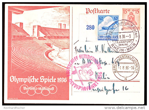 1936, Olympiafahrt LZ 129, Auflieferung Rhein/Main-Flughafen, 15 Pfg Olympiade-GS-Postkarte Mit ZuF Linkes... - Sonstige & Ohne Zuordnung