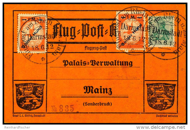 1912, Gelber Hund (2) Auf Rhein-Main-Flugpostkarte Mit SST DARMSTADT 18.6.12, Tadellos, Katalog: IV(2) BF1912,... - Sonstige & Ohne Zuordnung