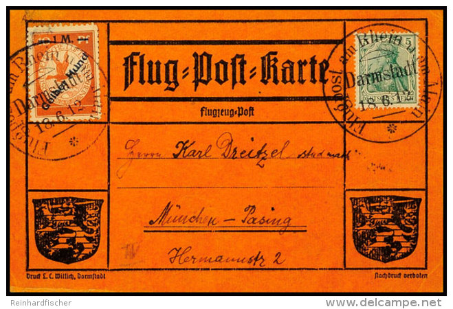 1912, Gelber Hund Auf Rhein-Main-Flugpostkarte Mit SST DARMSTADT 18.6.12, Tadellos, Katalog: IV BF1912, Yellow... - Sonstige & Ohne Zuordnung