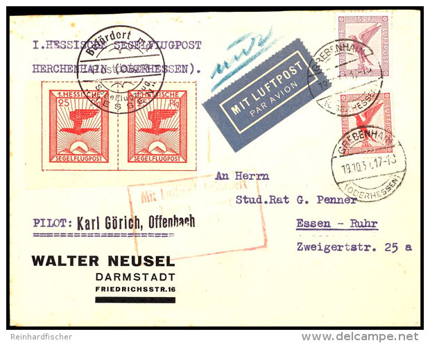 25 Pfg 1. Hessische Segelflugpost Herchenhain, Waagerechtes Paar Mit SST Auf Luftpost-Brief Mit 15 Pfg Und 10 Pfg... - Airmail & Zeppelin