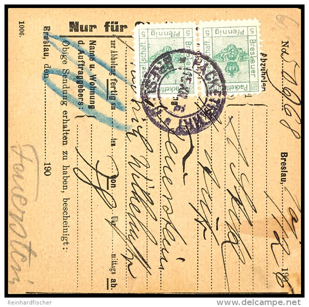 BRESLAU PACKETFAHRT: 1904, Gefl&uuml;geltes Rad 5 Pfg Gr&uuml;n Im Waagerechten Paar Auf Paketkarte, Gestempelt... - Private & Local Mails