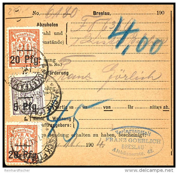 BRESLAU PACKETFAHRT: 1904, 5 Pfg Auf 5 Mark Und Zweimal 20 Pfg Auf 80 Pfg Rotorange Auf Paketkarte Vom "27.XI.04",... - Private & Local Mails