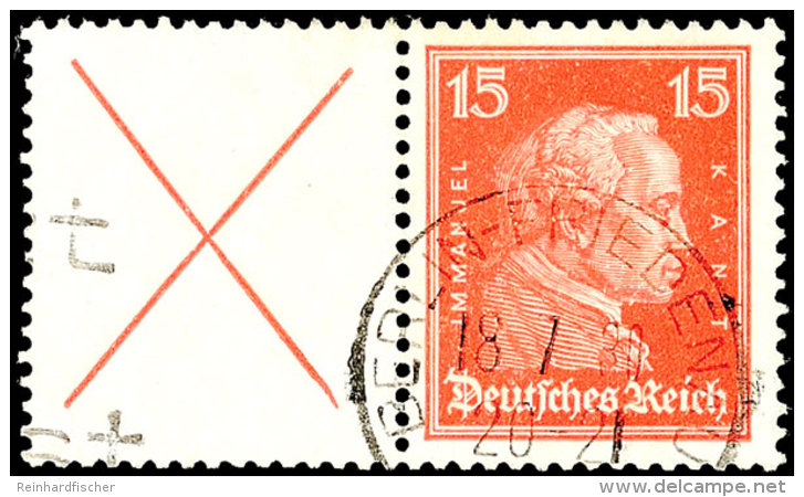 X+15 Pf., Kant 1927, Waager. Zusammendruck, Gest. "BERLIN-FRIEDENAU 18.7.30", Mi. 300,-, Katalog: W23 OX 15... - Sonstige & Ohne Zuordnung