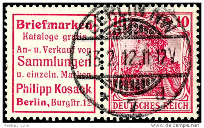 Reklame "Briefmarken Ph. Kosack" + 10 Pfg Germania Karmin Friedensdruck, Waagerechter Zusammendruck, Zentrisch Klar... - Sonstige & Ohne Zuordnung