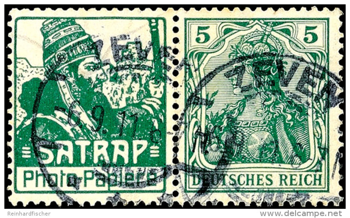 "Satrap" (gro&szlig;) + 5 Pf. Germania, Waager. Zusammendruck, Gestempelt  "ZEVEN 6.9.11", Mi. 900.-, Katalog: W2.8... - Sonstige & Ohne Zuordnung