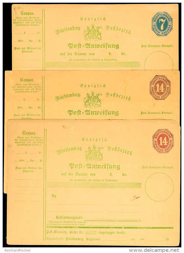14 Kr. Dkl. Lila (A6 B), 7 Kr. Blau, 14 Kr. Braunlila, 3 Ungebr. Postanweisungskarten, Je Mit Leichten... - Other & Unclassified