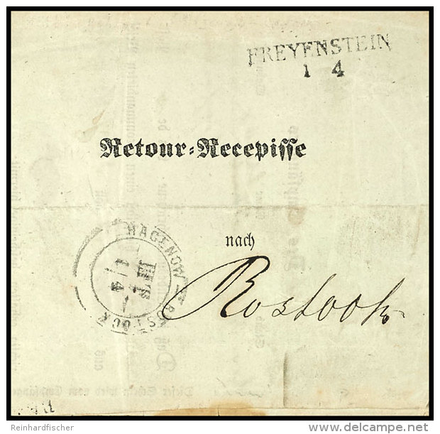 "HAGENOW-ROSTOCK III T 1/4"; (K2) Literaturunbekannter Bahnpoststempel Auf Retour-Recepisse Von "FREYENSTEIN" (L2)... - Mecklenburg-Schwerin