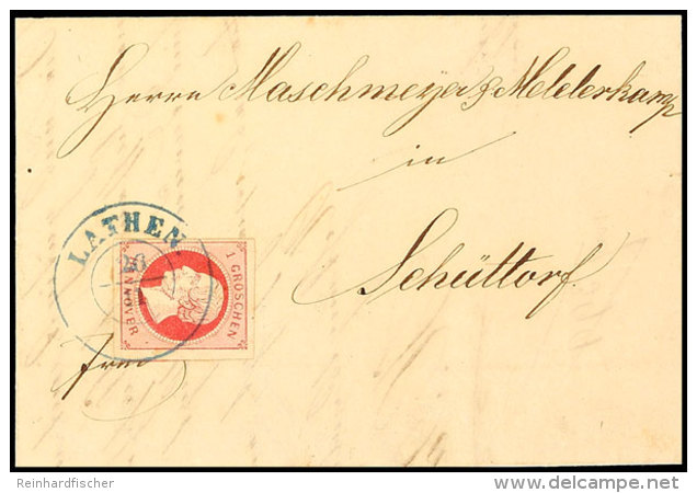 "LATHEN 26/11" (1863) Blauer Dkr. Auf 1 Gr. Lilarot, Allseits Breit- Bis Vollrandig Auf Brief Nach Sch&uuml;ttorf,... - Hannover