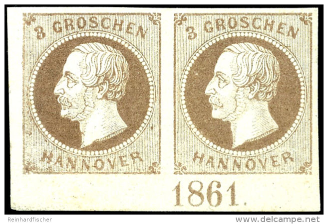 3 Gr. Hellbraun K&ouml;nig Georg V., Unterrandpaar Mit Vollst&auml;ndiger Jahreszahl "1861", Einwandfrei... - Hannover