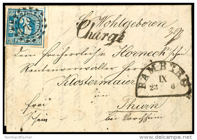 3 Kr. Blau, Rechtes Randst&uuml;ck Auf Charg&eacute;-Brief Mit Vollst&auml;ndigem Inhalt Von Bamberg 23.6. (1857)... - Sonstige & Ohne Zuordnung