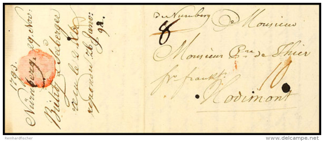 1793, DE NURNBERG (handschr.) Teilfranco Brief "frco Frankf." Nach Hodimont/ Hochstift L&uuml;ttich, Luxus ... - Other & Unclassified