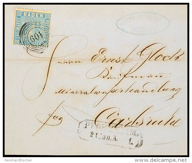 3 Kr. Lebhaftpreu&szlig;ischblau Auf Brief Von "PFORZHEIM 21 JUN 1861" Nach Carlsruhe, Katalog: 10a BF3 Kr.... - Other & Unclassified
