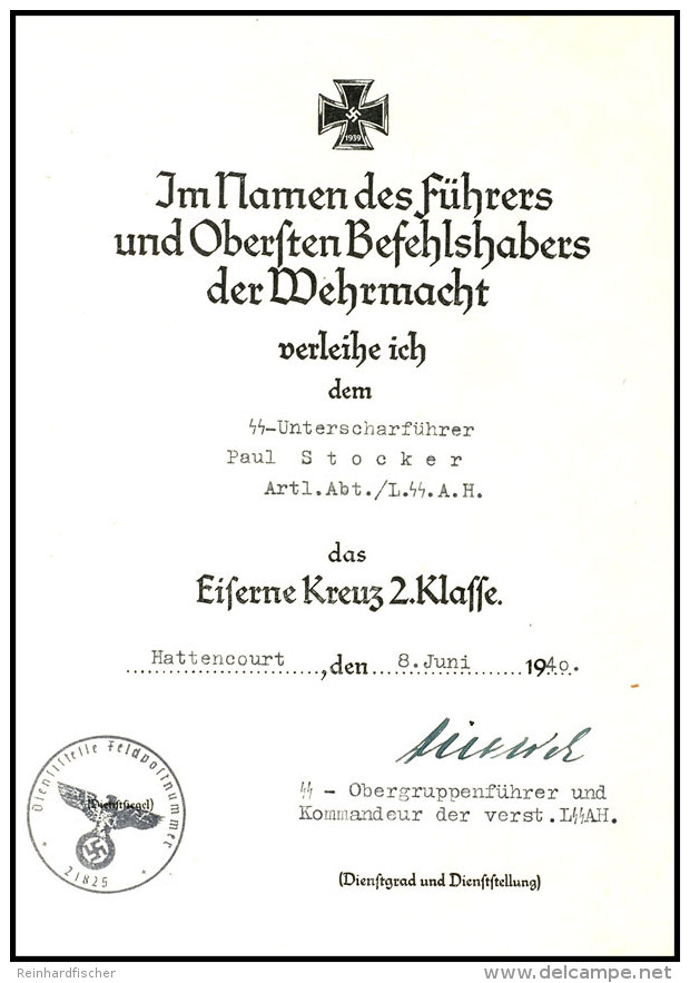 Dokumentennachlass Eines SS-Unterscharf&uuml;hrers Leibstandarte SS Adolf Hitler, Dabei U.a. Verleihungsurkunde... - Ohne Zuordnung