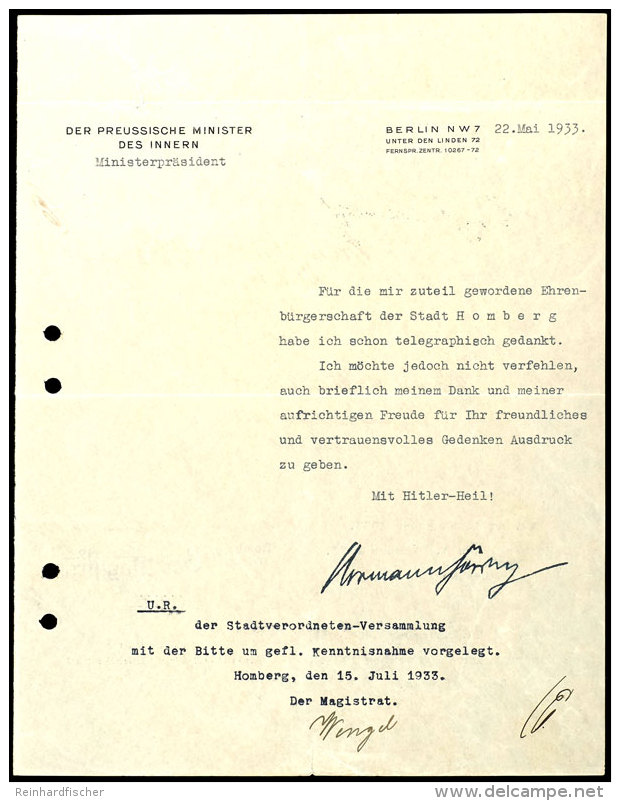 Dankesschreiben Von G&ouml;ring Des Preu&szlig;ischen Ministers Des Innern F&uuml;r Die Ehrenb&uuml;rgerschaft Der... - Ohne Zuordnung