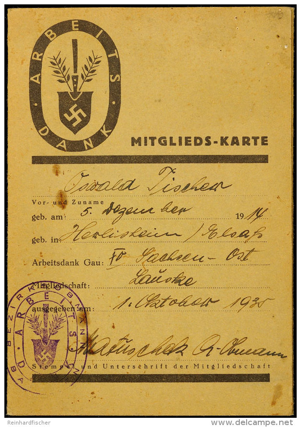 Arbeitsdank Gau 15 Sachsen-Ost Mitgliedskarte, RAD Abteilung 5/153, Arbeitsdienst Beginn 5. M&auml;rz 1934, Mit... - Unclassified
