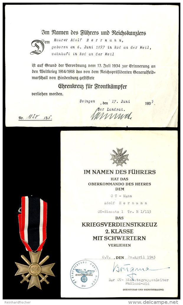 Kriegsverdienstkreuz 2. Klasse Mit Schwertern, Komplett Mit Urkunde (Faltspuren) An Einem OT-Mann, Dazu 2. Urkunde... - Unclassified