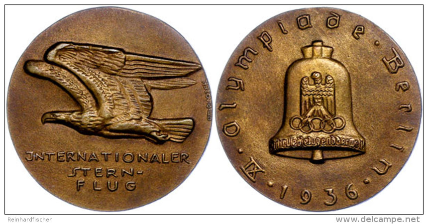 Bronze-Gussmedaille "Internationaler Sternflug - XI. Olympiade Berlin 1936", Von Otto Placzek, Av: Adler Im Flug... - Unclassified