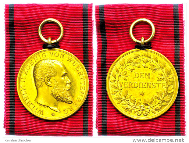 W&uuml;rttemberg, Goldene Zivildienstmedaille K&ouml;nig Wilhelm II., Gold Ungestempelt, Am Band Vern&auml;ht,... - Ohne Zuordnung