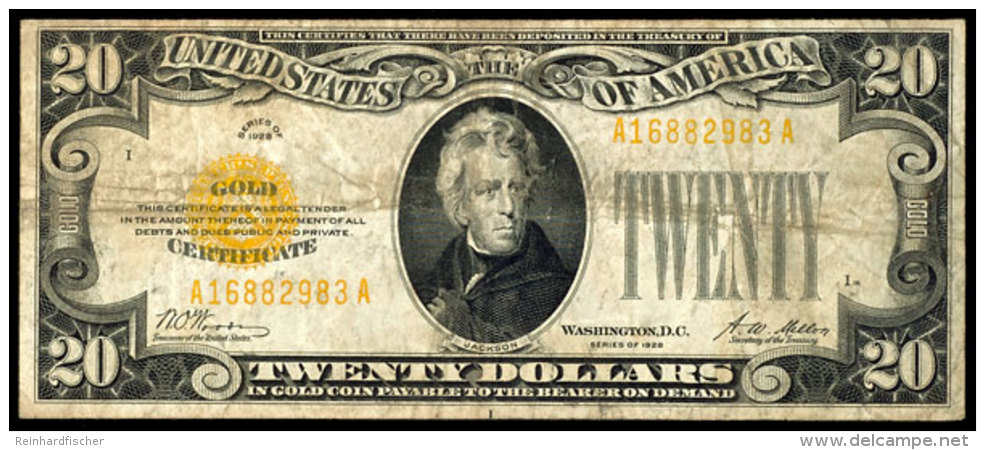 USA, 20 Dollars, 1928, Andrew Jackson, Gold Certificate, Seriennummer A16882983A, Erhaltung III-IV., Katalog: Pick... - Ohne Zuordnung