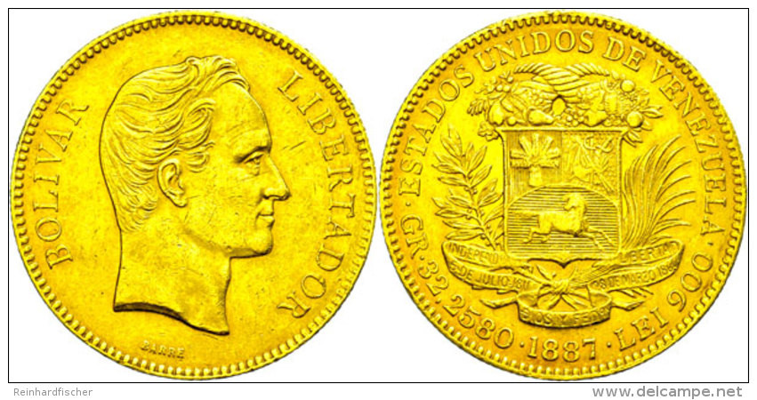 100 Bolivares, Gold, 1887, Fb. 2, Wz. Rf., Vz.  Vz100 Bolivares, Gold, 1887, Fb. 2, Watermark. Edge Nick,... - Venezuela