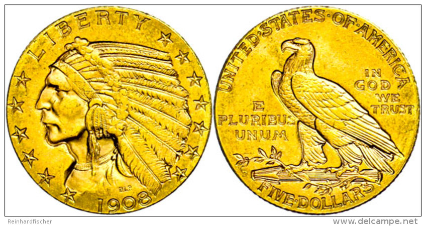 5 Dollars, Gold, 1908, Indian Head, Denver, Fb. 148, Vz.  Vz5 Dollars, Gold, 1908, Indian Head, Denver, Fb.... - Other & Unclassified