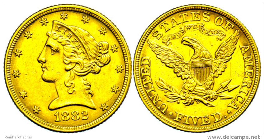 5 Dollars, Gold, 1882, Philadelphia, Fb. 143, F. Vz.  5 Dollars, Gold, 1882, Philadelphia, Fb. 143, F.... - Other & Unclassified