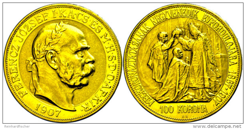 100 Kronen, Gold, 1907, Franz Josef I., 40j&auml;hrige Kr&ouml;nungsjubil&auml;um, Fb. 256, Kl. Rf., Ss.  Ss100... - Ungarn